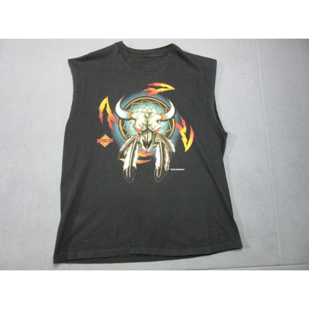 Vtg Easyriders Shirt Mens Large Black Aztec Skull Dreamcatcher Cut Sleeves
